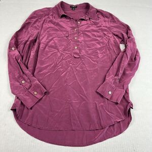 Ann Taylor Blouse Pink Silk Long Sleeve Popover Top Pockets Work Shirt 6 FLAW